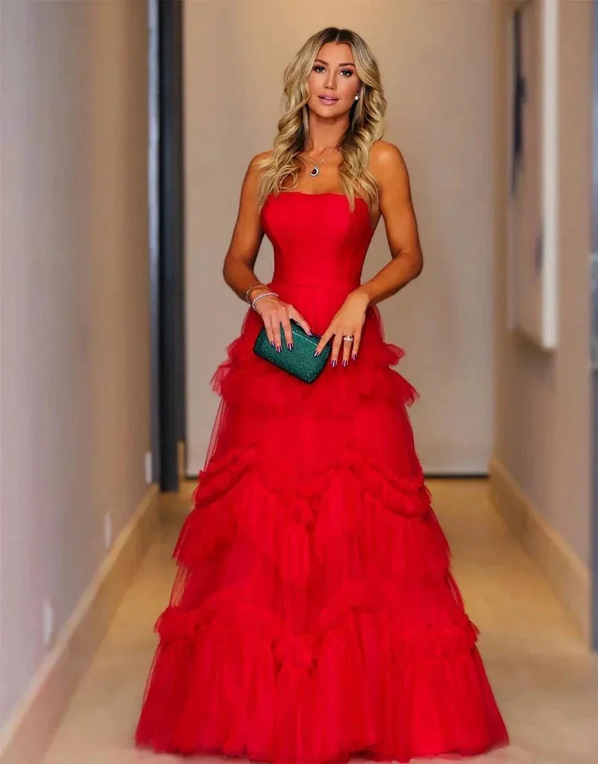 Matilda |Red A-Line Strapless Ruffled Tulle Evening Dress - Image 3
