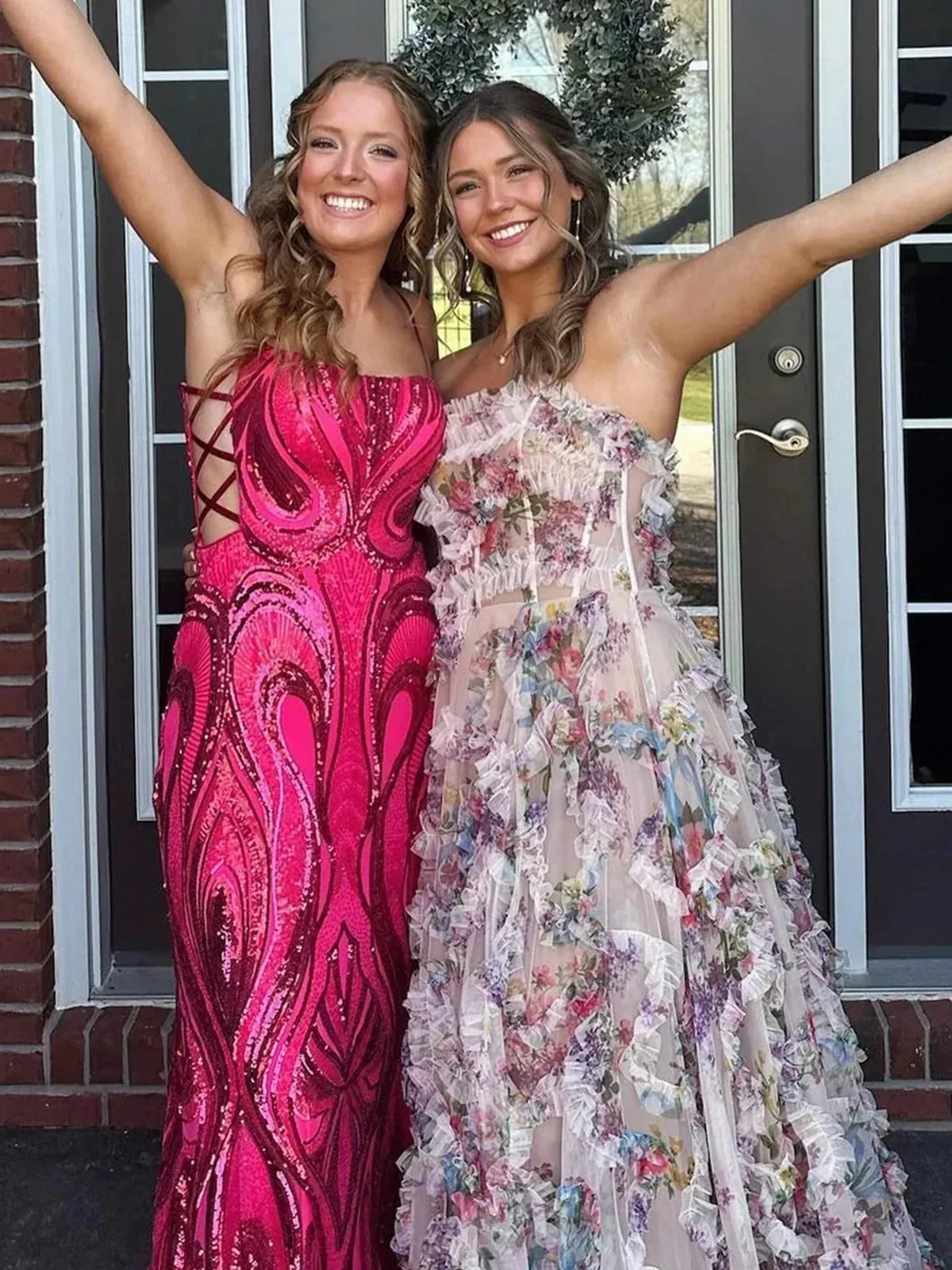 Maud | A-Line Strapless Floral Print Ruffle Long Prom Dress with Slit - Image 2