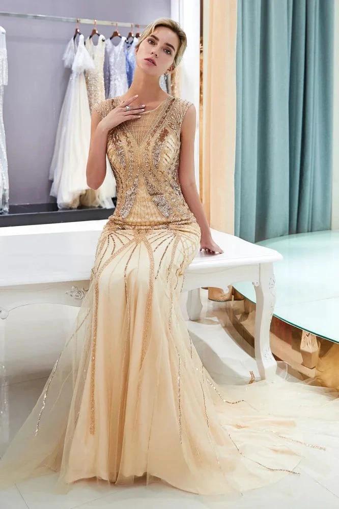 Sparkly Mermaid Sleeveless Golden Sequins Beading Formal Party Dress - Image 2