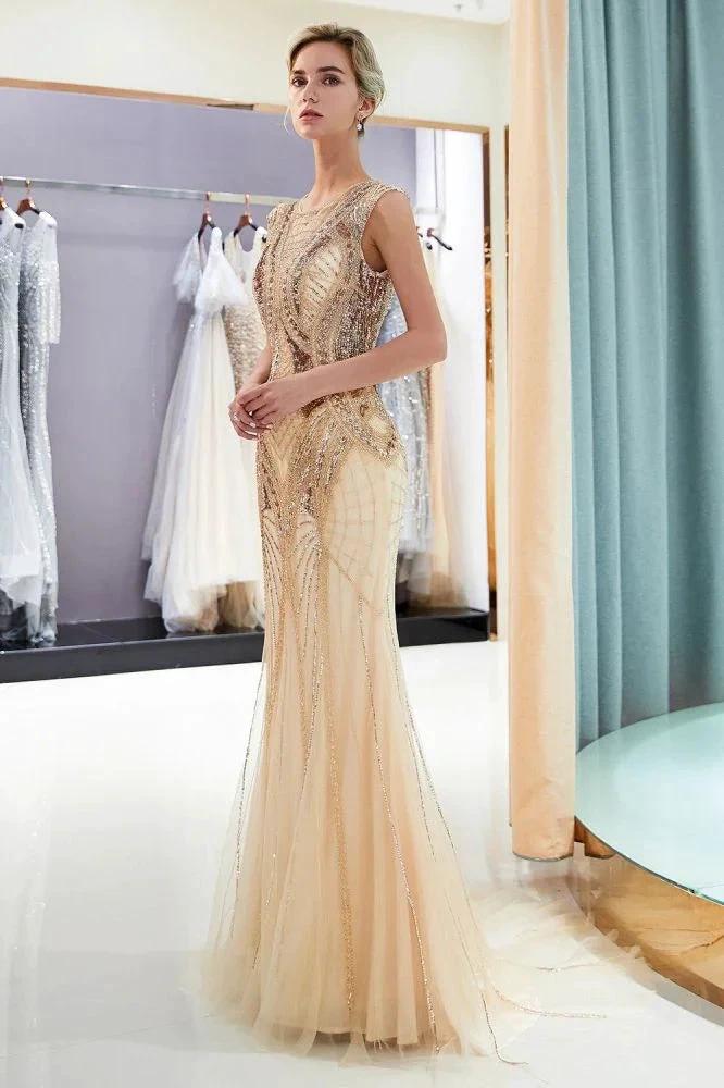 Sparkly Mermaid Sleeveless Golden Sequins Beading Formal Party Dress - Image 3