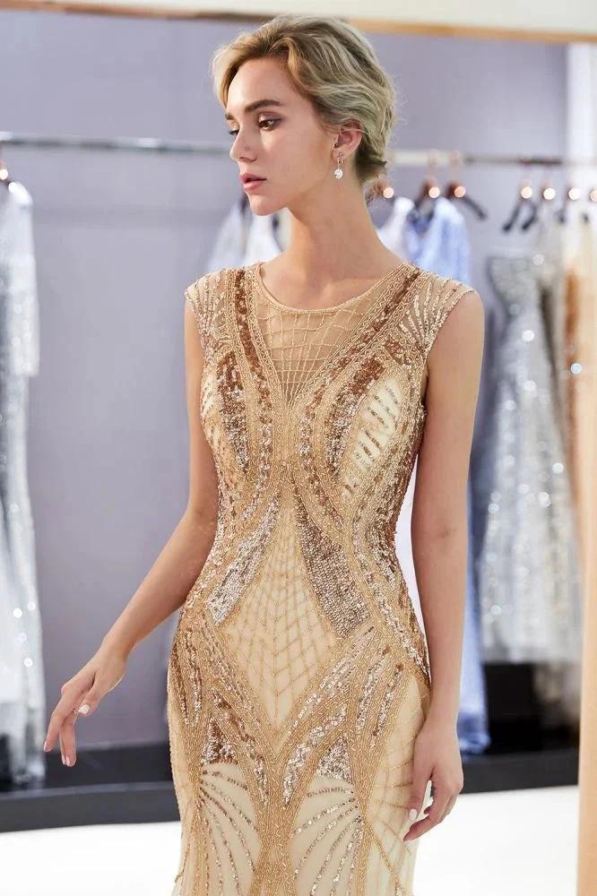 Sparkly Mermaid Sleeveless Golden Sequins Beading Formal Party Dress - Image 5