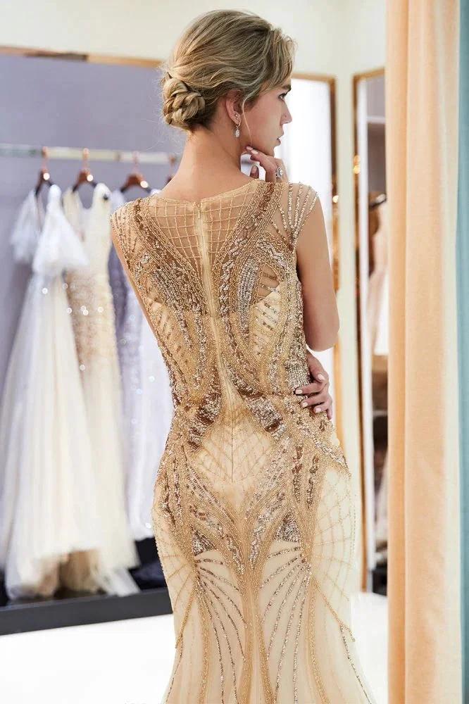 Sparkly Mermaid Sleeveless Golden Sequins Beading Formal Party Dress - Image 6