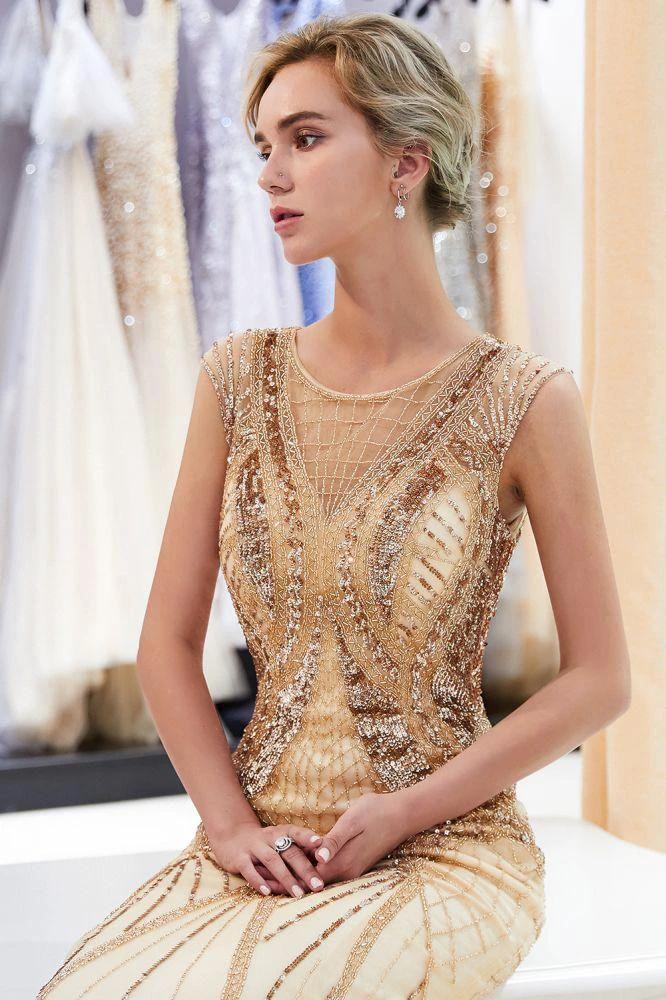 Sparkly Mermaid Sleeveless Golden Sequins Beading Formal Party Dress - Image 7