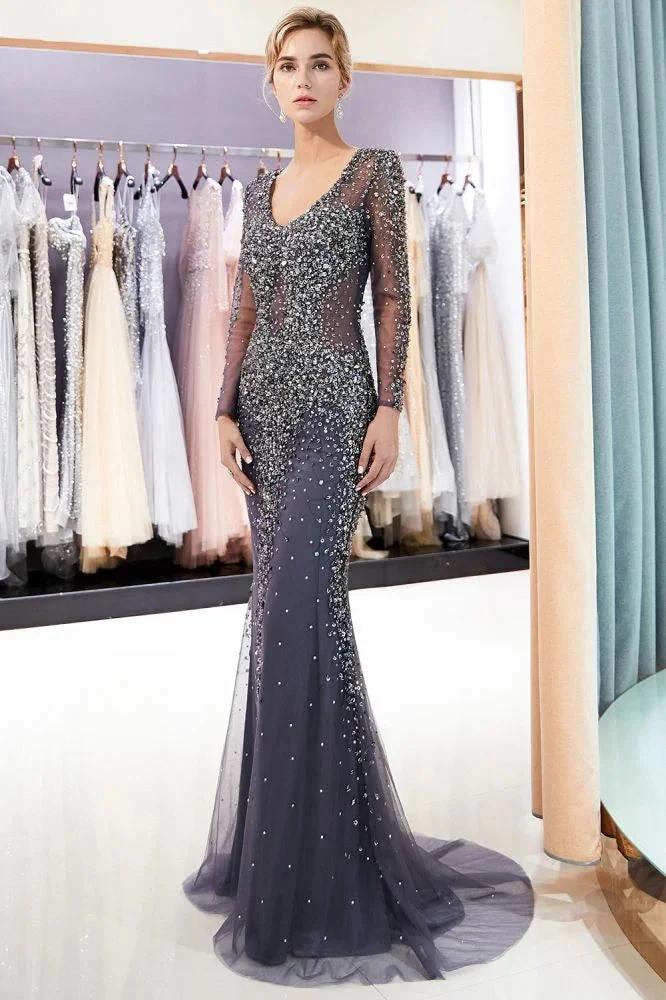 Sparkly Mermaid V-neck Long Sleeves Beading Evening Dresses - Image 2