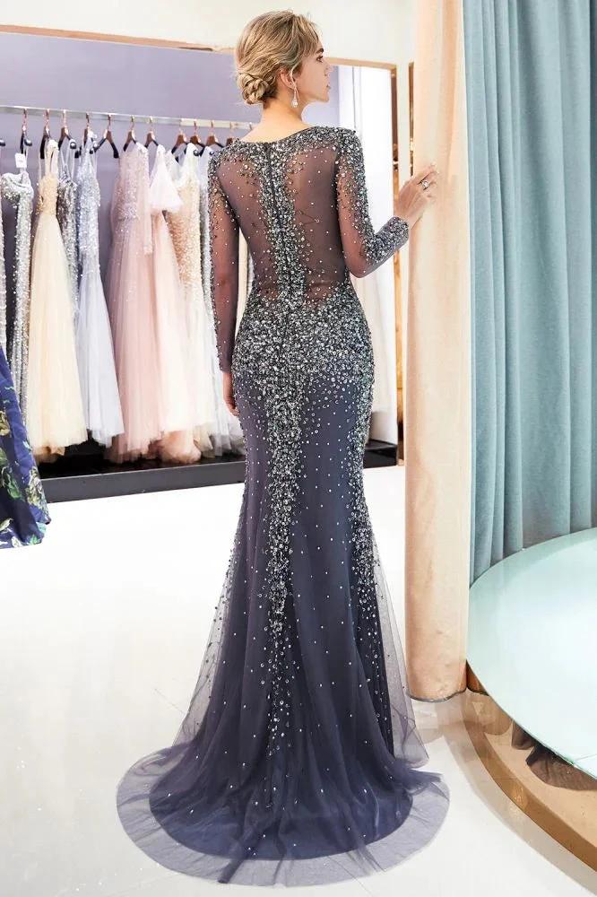 Sparkly Mermaid V-neck Long Sleeves Beading Evening Dresses - Image 3
