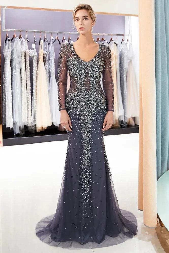 Sparkly Mermaid V-neck Long Sleeves Beading Evening Dresses - Image 4