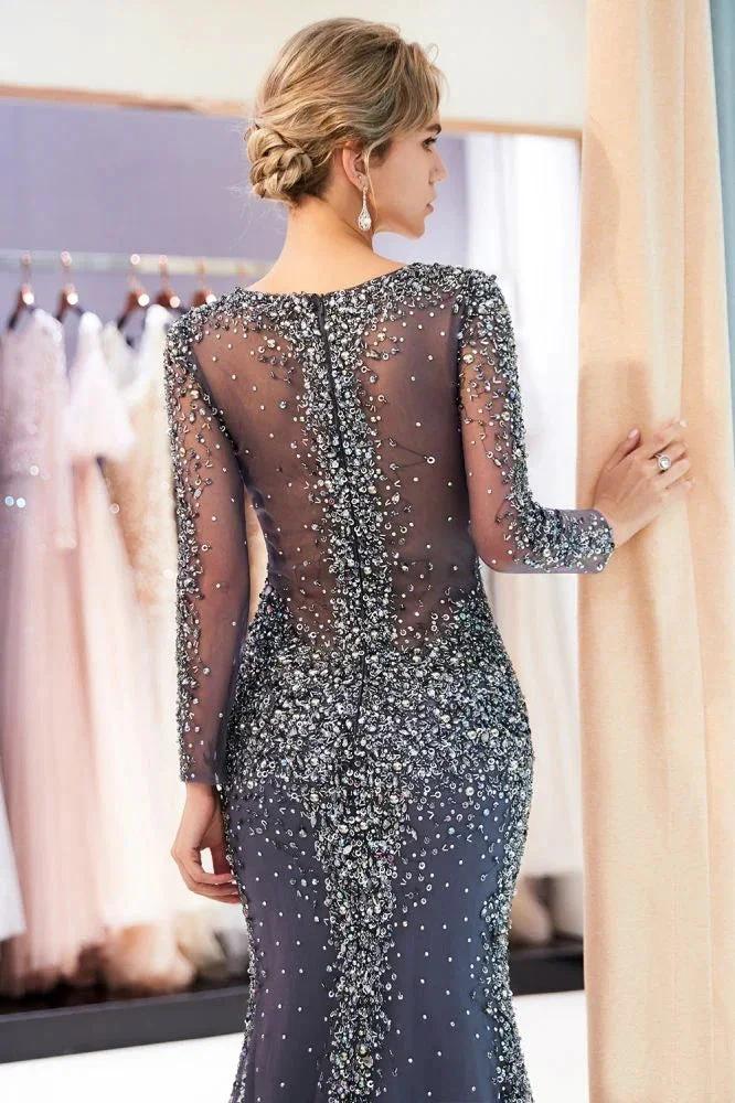 Sparkly Mermaid V-neck Long Sleeves Beading Evening Dresses - Image 8