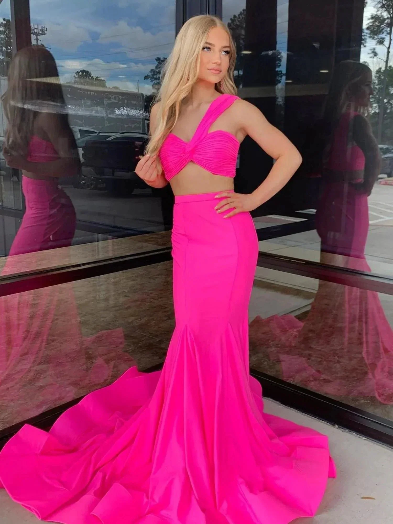 Maven | Hot Pink Two Piece One Shoulder Satin Mermaid Prom Dress - Image 2
