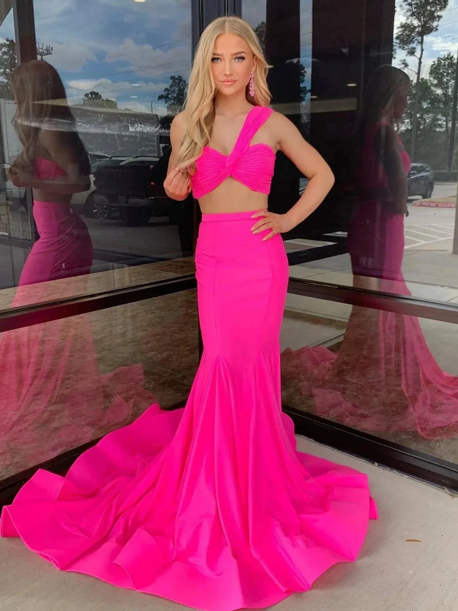 Maven | Hot Pink Two Piece One Shoulder Satin Mermaid Prom Dress - Image 3