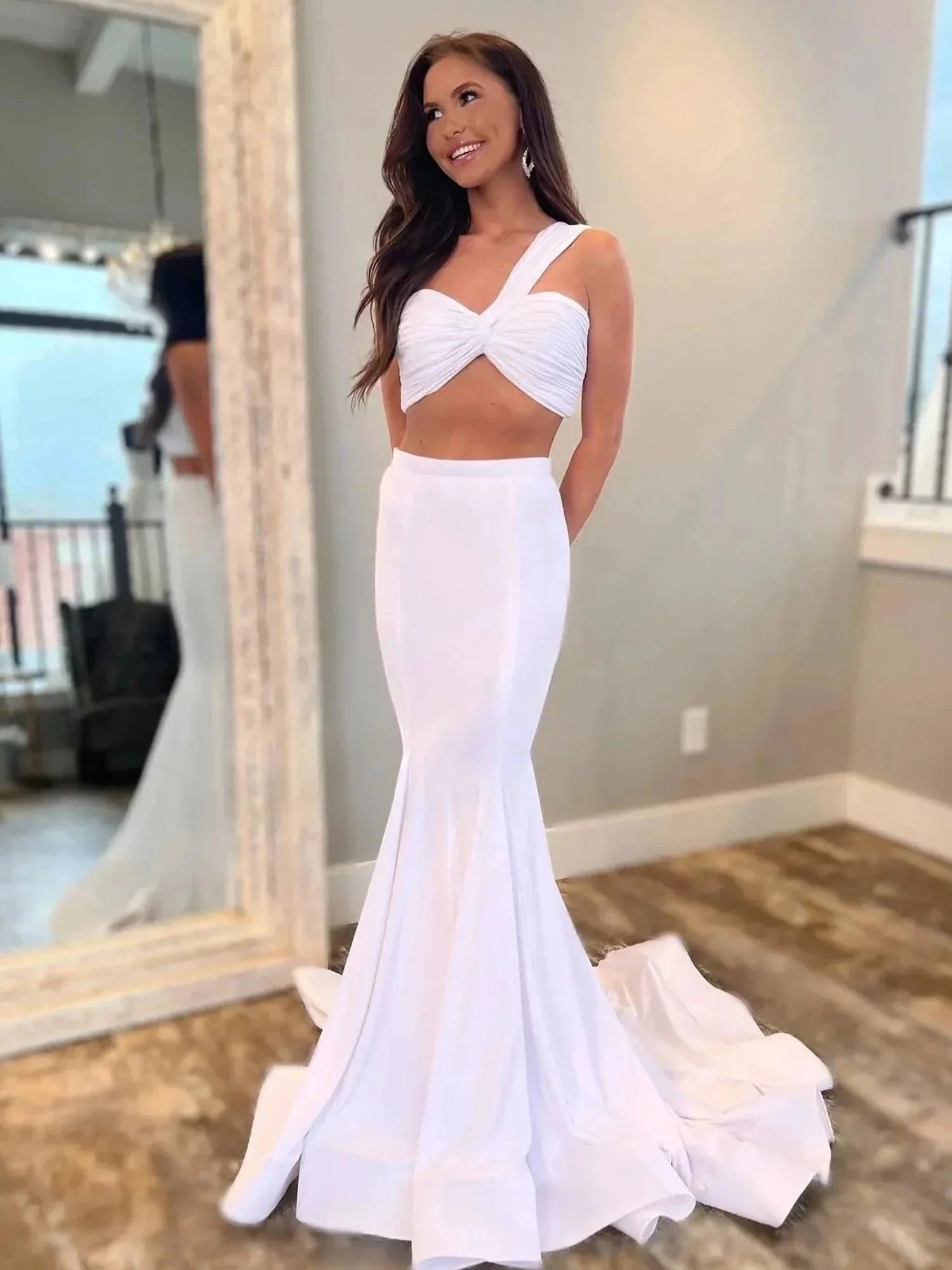 Maven | Hot Pink Two Piece One Shoulder Satin Mermaid Prom Dress - Image 5