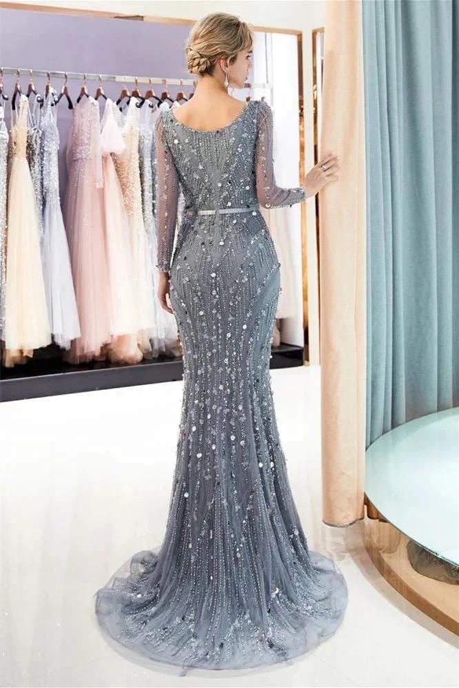Mermaid Long Sleeves V-neck Sequins Evening Gowns with Sash - Image 2