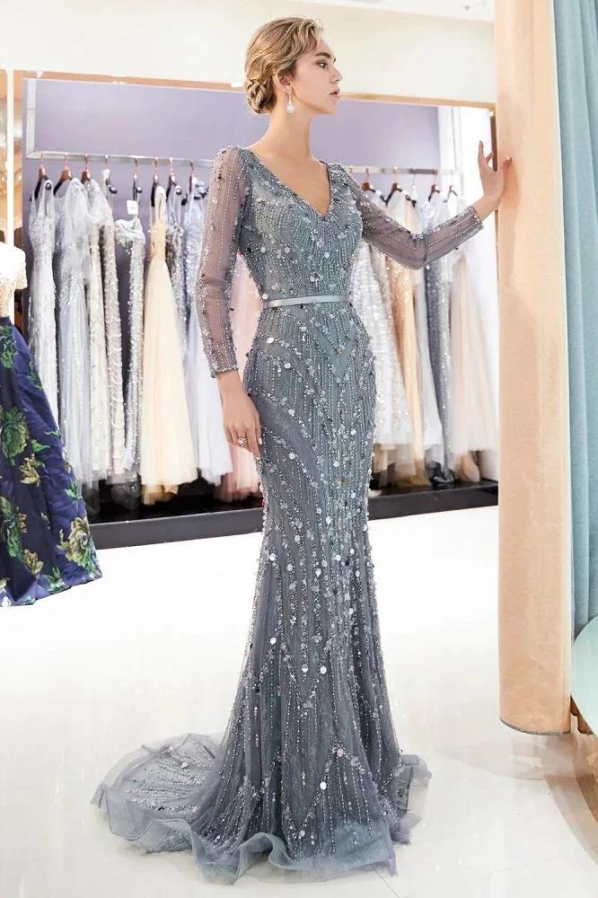 Mermaid Long Sleeves V-neck Sequins Evening Gowns with Sash - Image 4