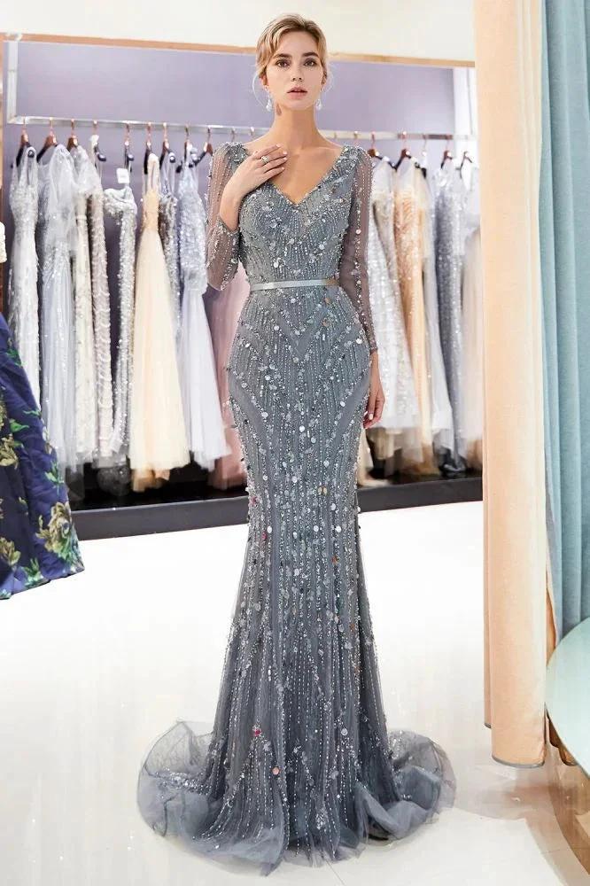 Mermaid Long Sleeves V-neck Sequins Evening Gowns with Sash - Image 6