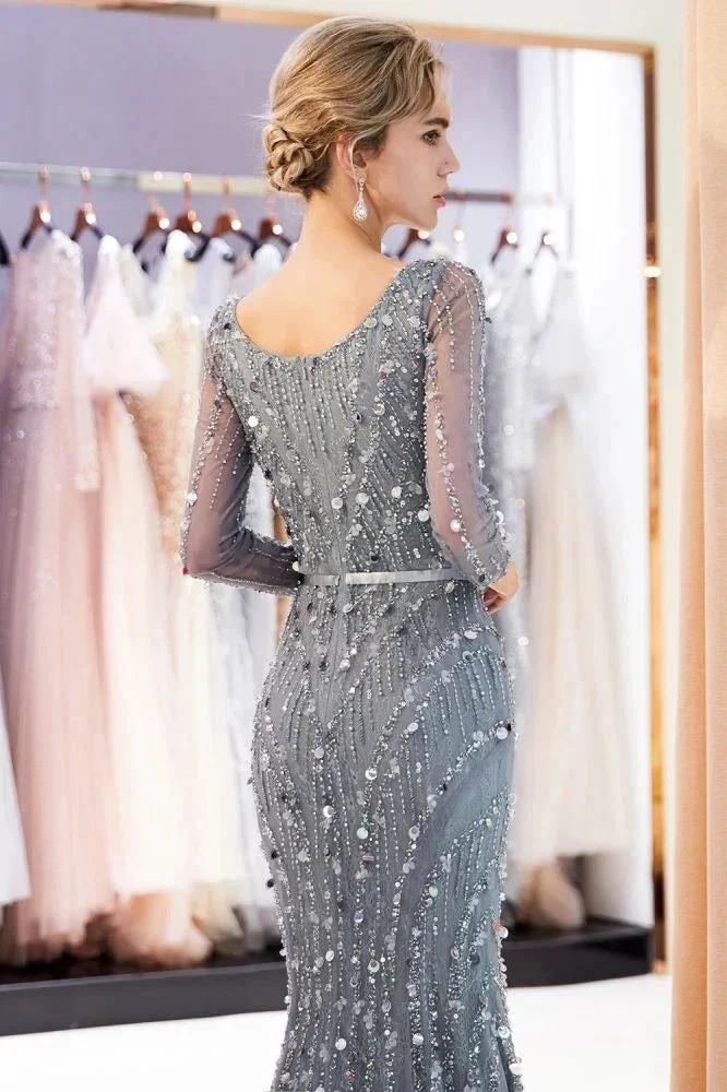 Mermaid Long Sleeves V-neck Sequins Evening Gowns with Sash - Image 7