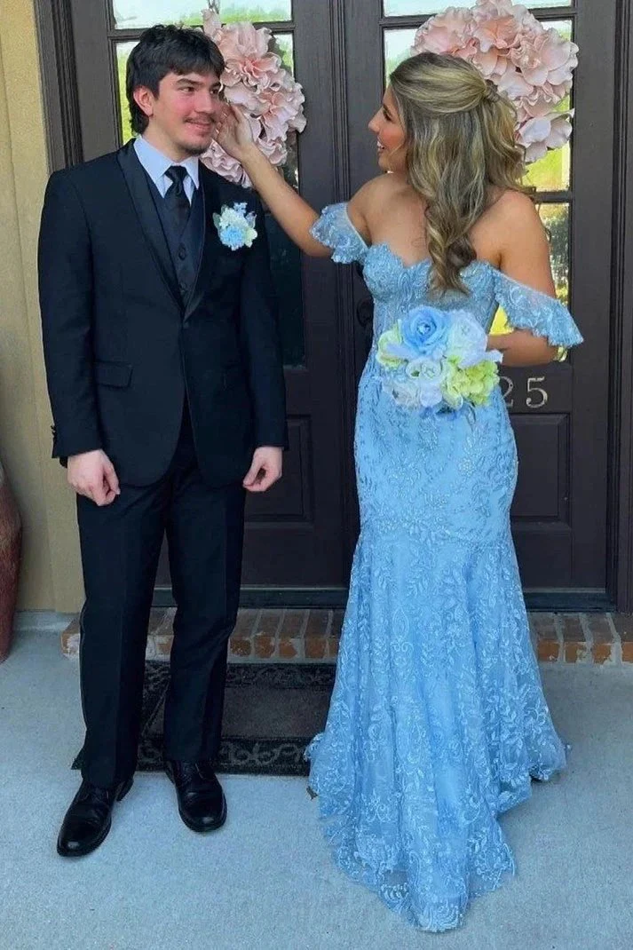 Mckail | Blue Floral Lace Off-the-Shoulder Ruffle Long Prom Dress - Image 2