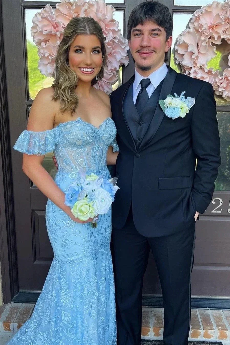 Mckail | Blue Floral Lace Off-the-Shoulder Ruffle Long Prom Dress - Image 3
