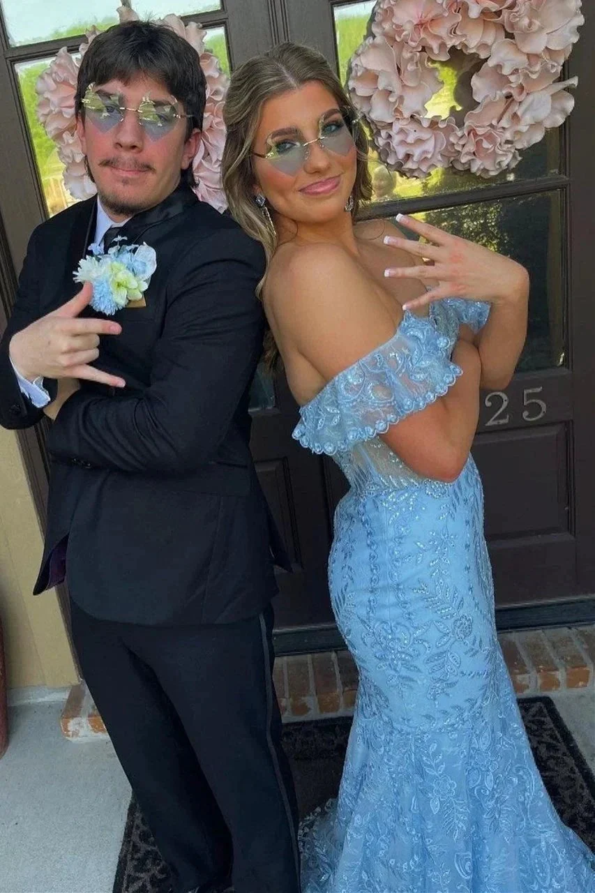 Mckail | Blue Floral Lace Off-the-Shoulder Ruffle Long Prom Dress - Image 4