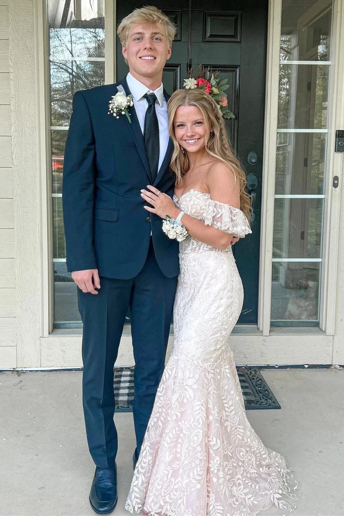 Mckail | Blue Floral Lace Off-the-Shoulder Ruffle Long Prom Dress - Image 5
