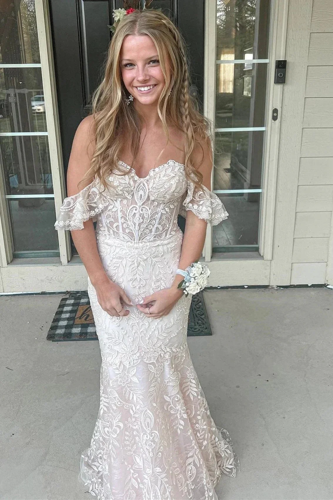 Mckail | Blue Floral Lace Off-the-Shoulder Ruffle Long Prom Dress - Image 6