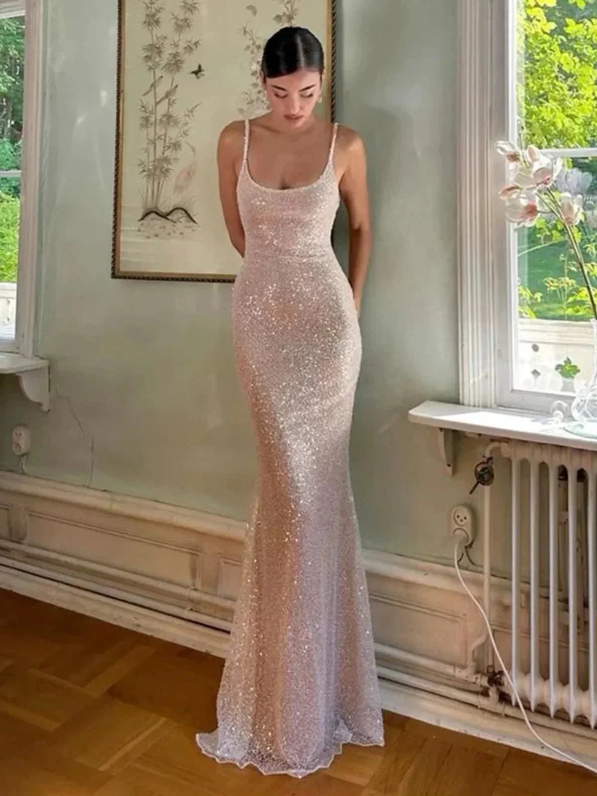 McKoye| Simple Pink Mermaid Straps Sequin Prom Dresses With Split - Image 3