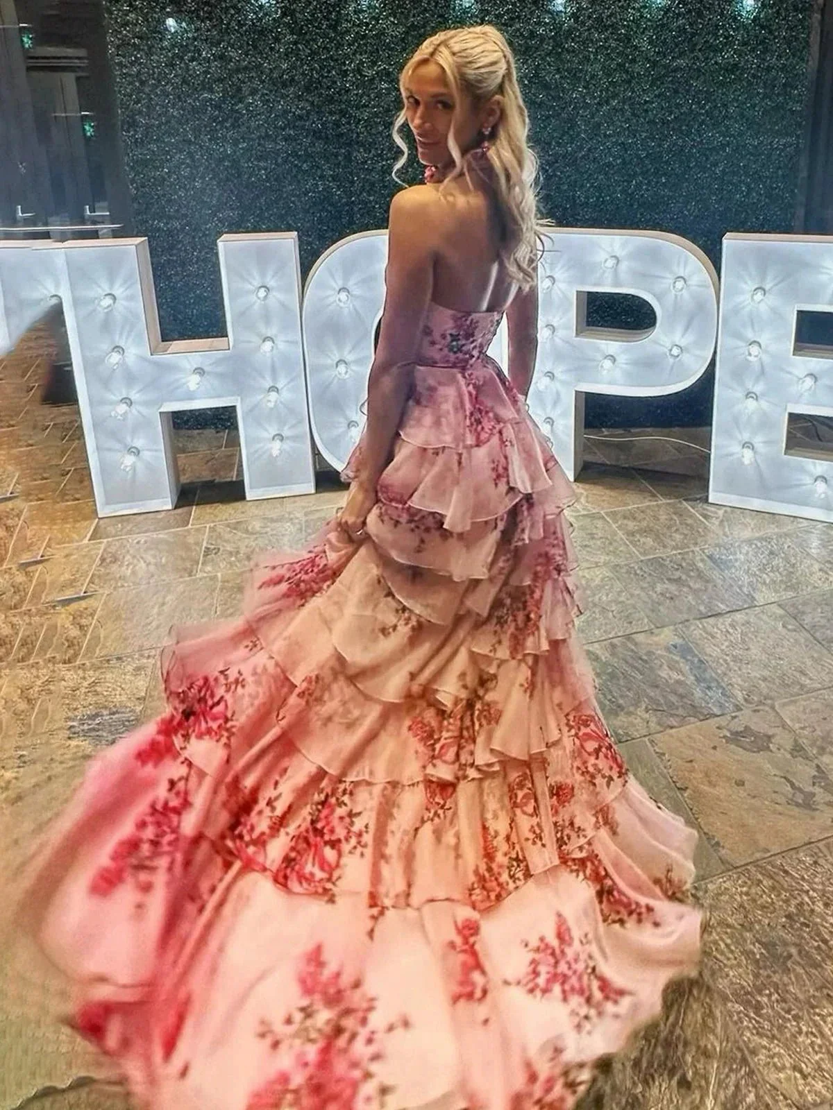 Melinda | Pink A Line Hatler Floral Chiffon Tiered Long Prom Dress - Image 2