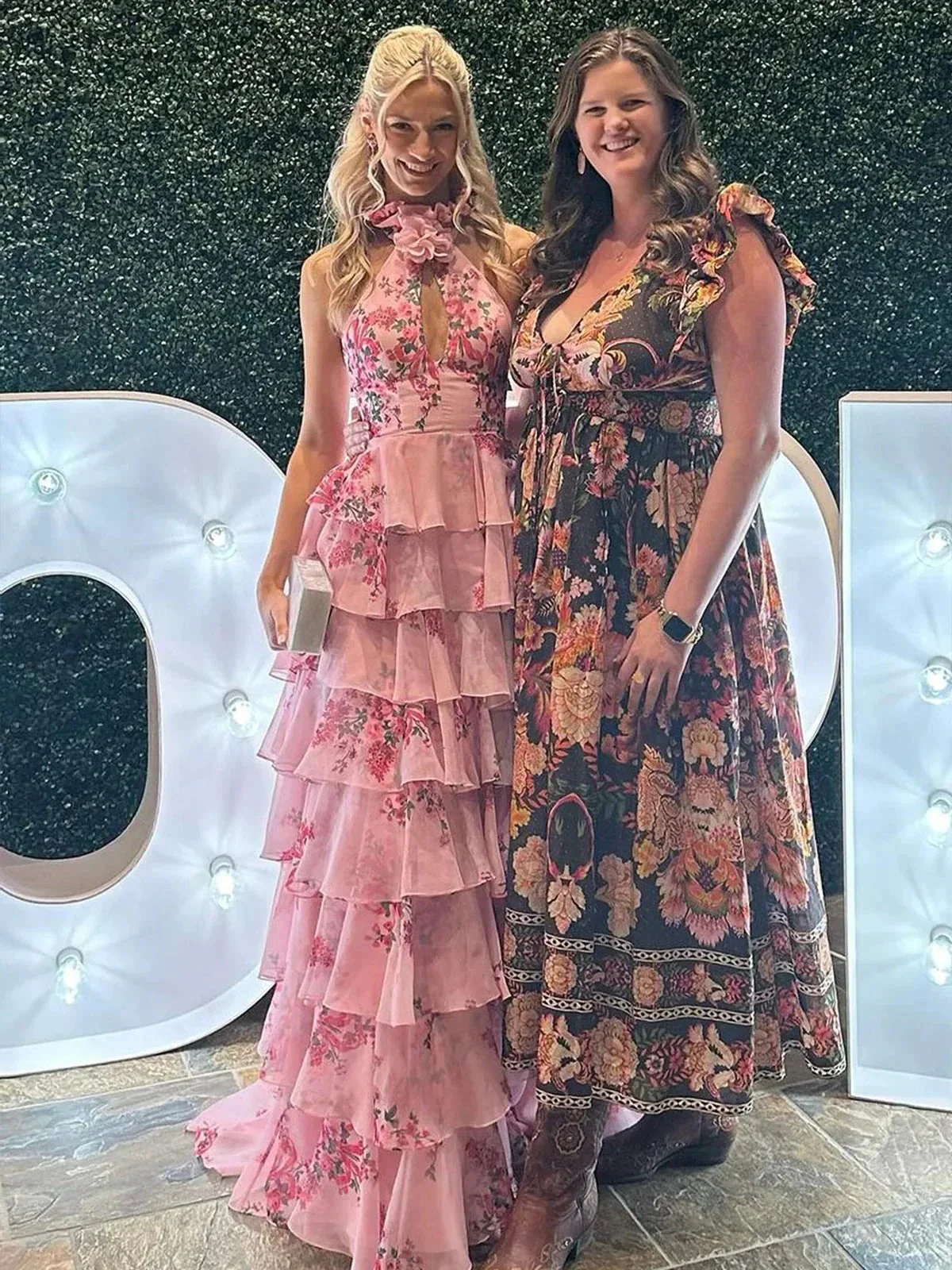 Melinda | Pink A Line Hatler Floral Chiffon Tiered Long Prom Dress - Image 3