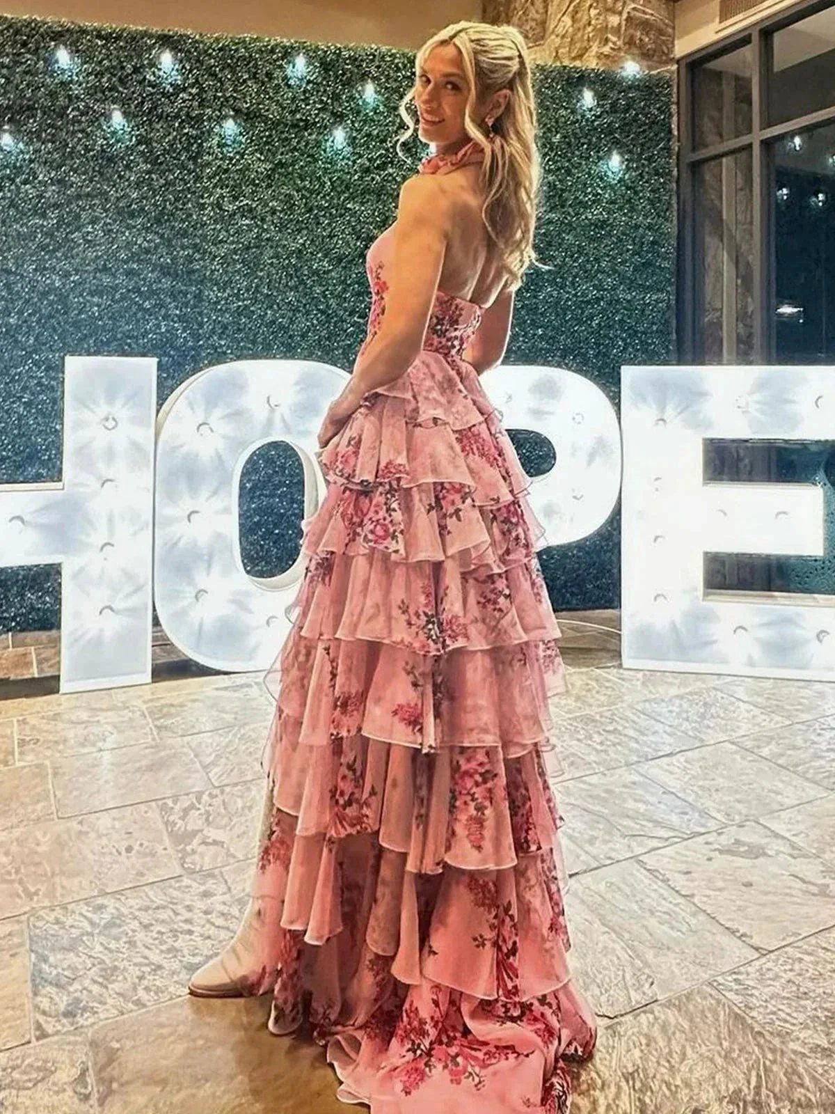 Melinda | Pink A Line Hatler Floral Chiffon Tiered Long Prom Dress - Image 4