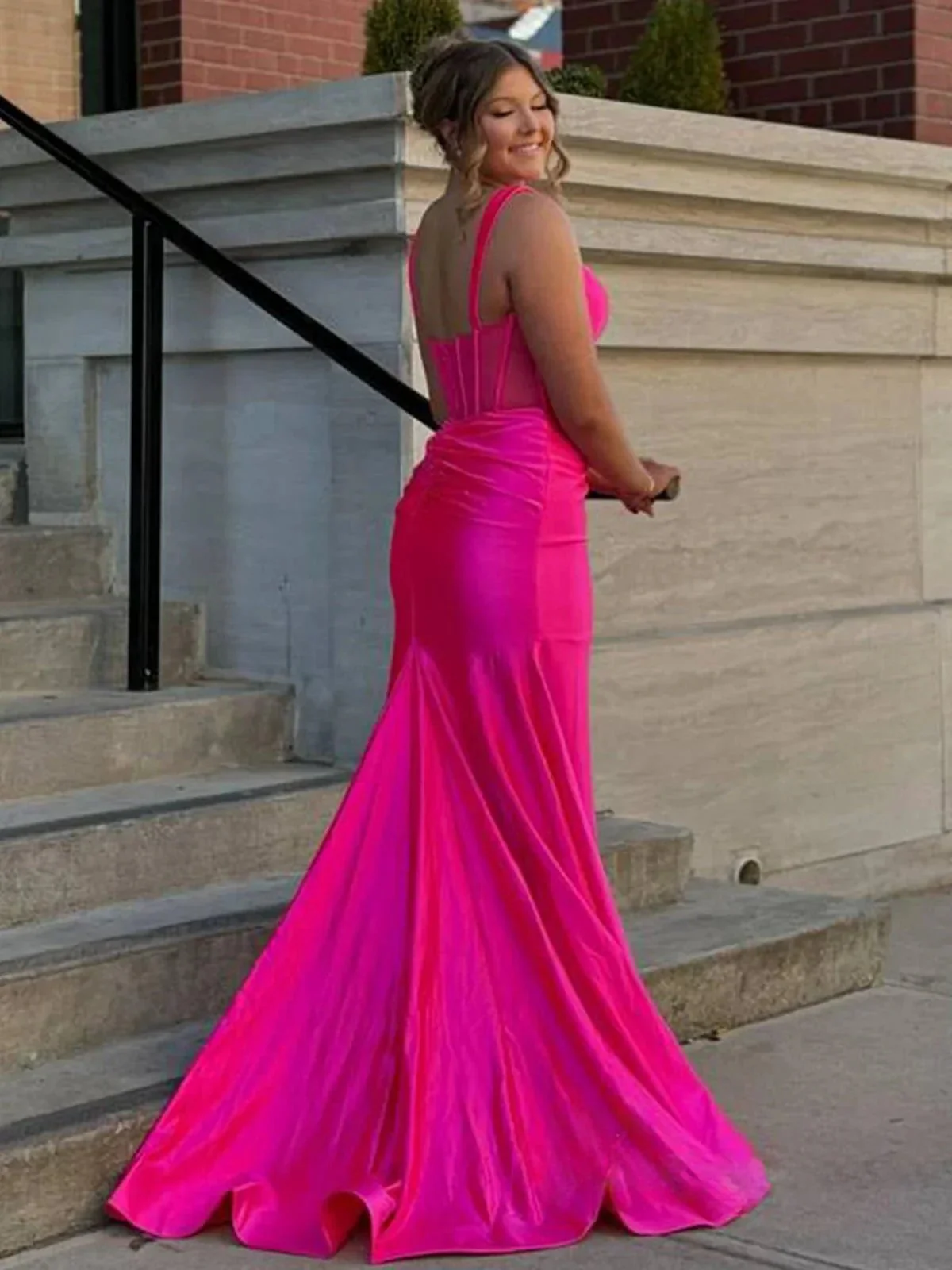 Melo | Straps Hot Pink Pleated Mermaid Prom Dress with Slit - Image 2