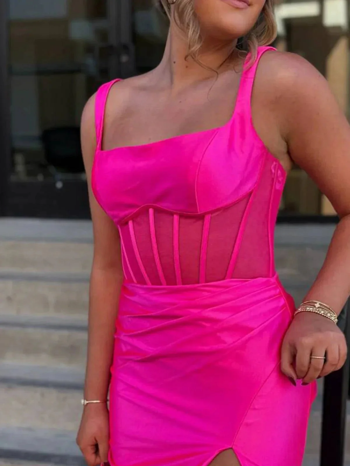 Melo | Straps Hot Pink Pleated Mermaid Prom Dress with Slit - Image 3
