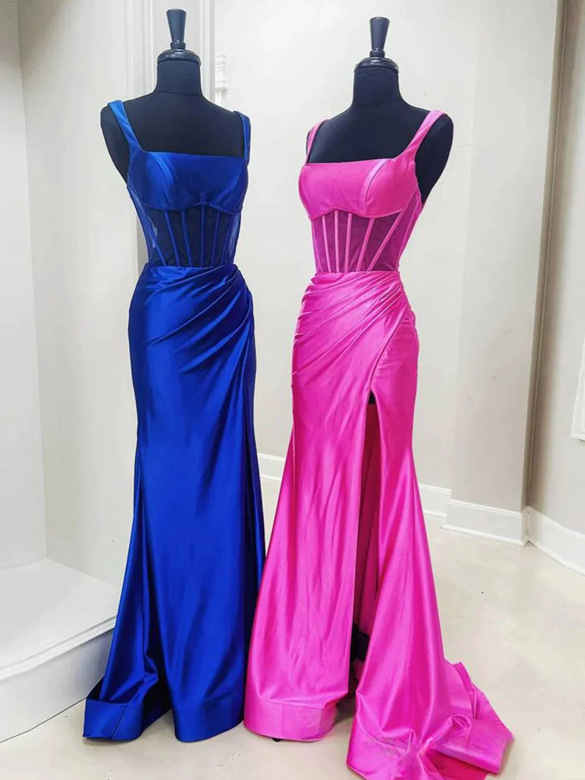 Melo | Straps Hot Pink Pleated Mermaid Prom Dress with Slit - Image 4