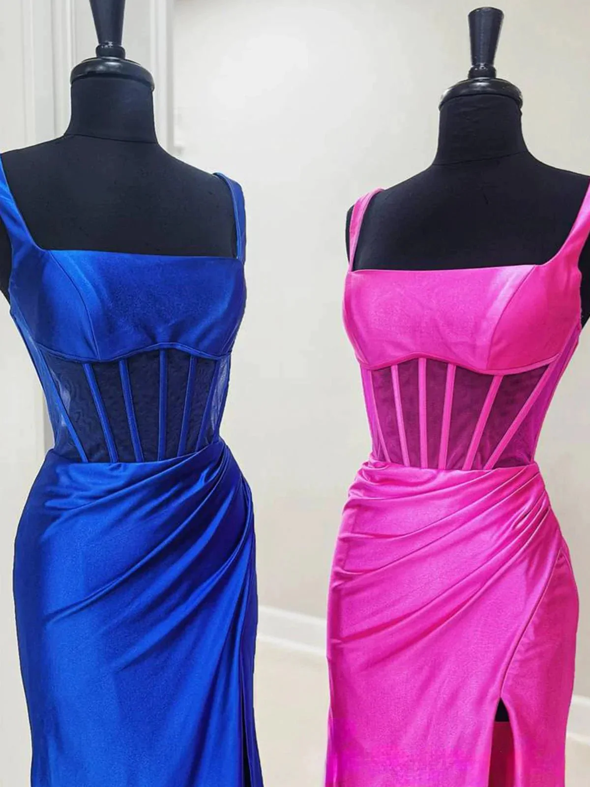Melo | Straps Hot Pink Pleated Mermaid Prom Dress with Slit - Image 5