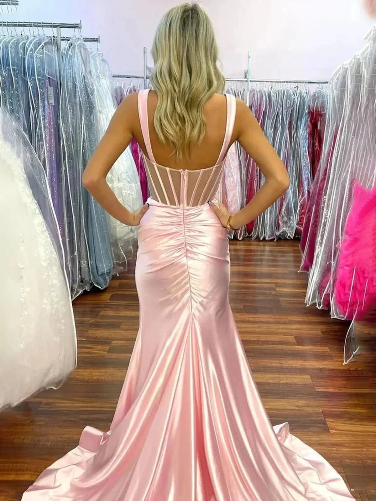 Melo | Straps Hot Pink Pleated Mermaid Prom Dress with Slit - Image 7