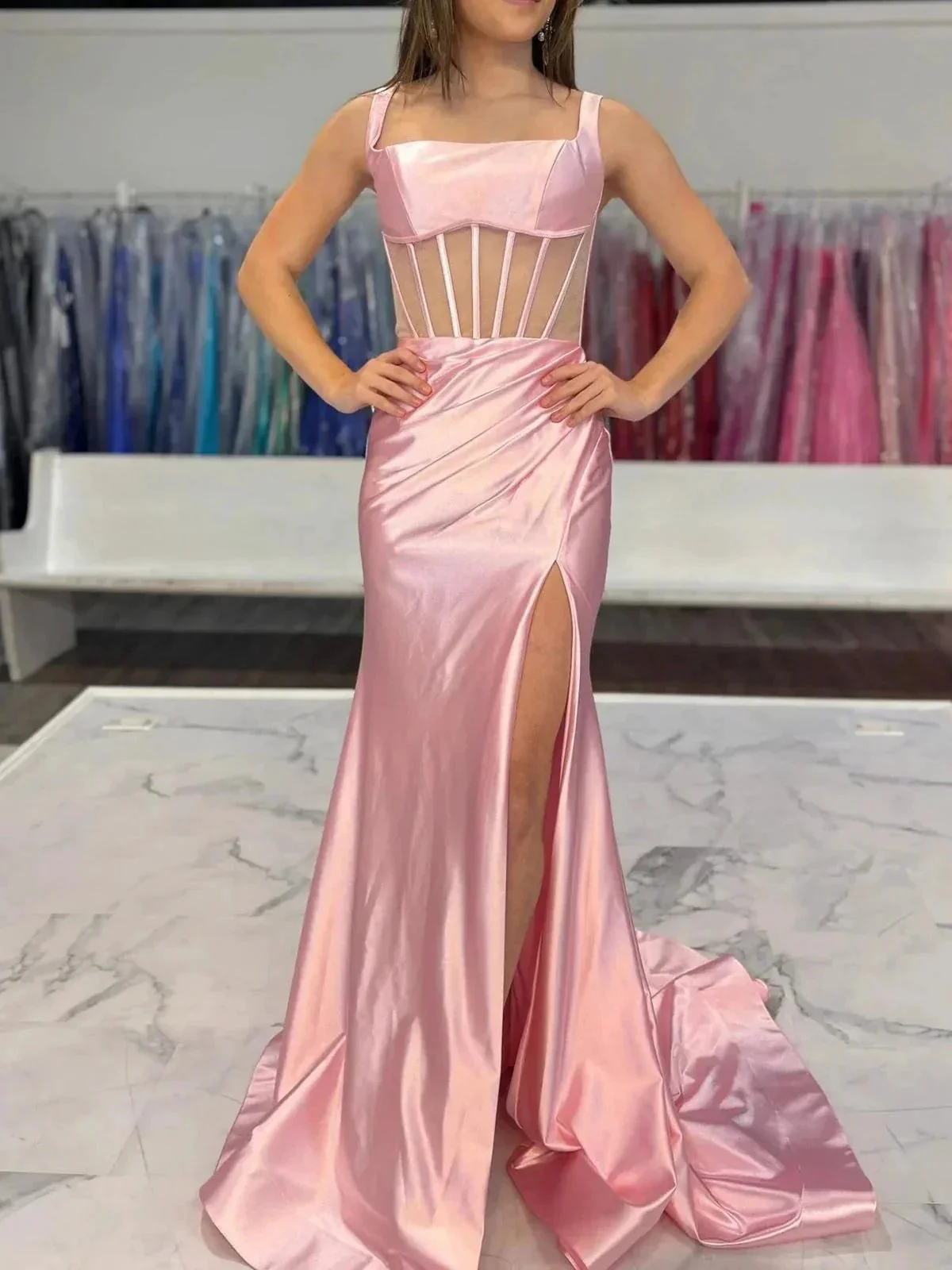 Melo | Straps Hot Pink Pleated Mermaid Prom Dress with Slit - Image 9