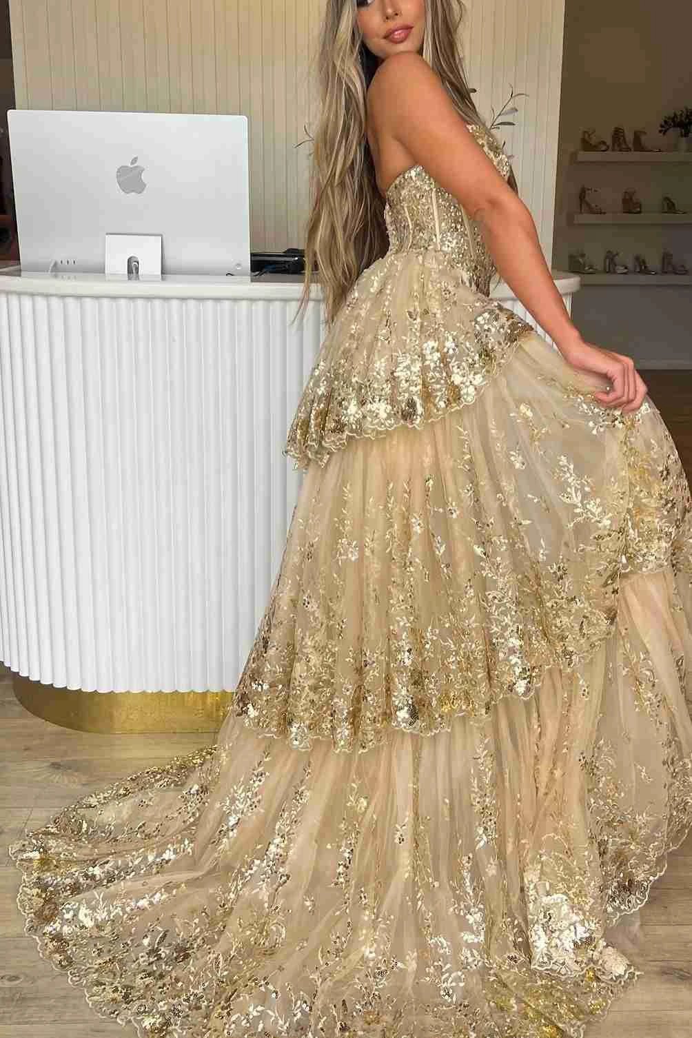 Merlin | Gold Sweetheart A-Line Lace Long Prom Dress With Split - Image 2