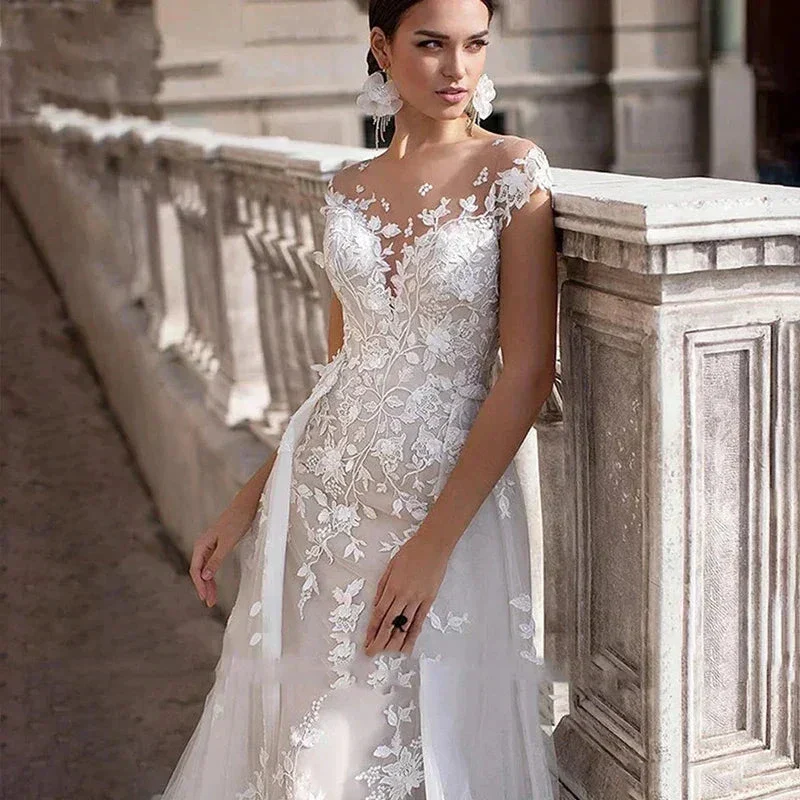 Mermaid 2 In 1 Wedding Dress Tulle Scoop Cap Sleeves Backless Lace Appliques Bridal Gowns With Detachable Train - Image 3