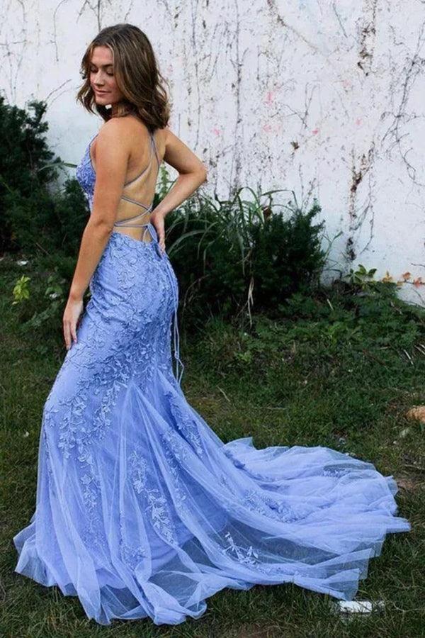 Mermaid Backless Blue Lace Long Prom Dresses Formal Dresses PSK424 - Image 2