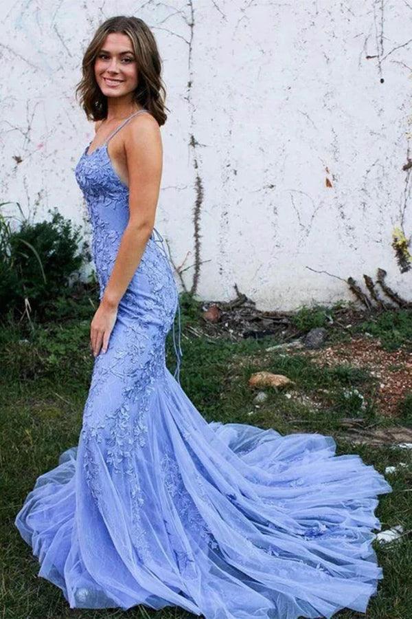 Mermaid Backless Blue Lace Long Prom Dresses Formal Dresses PSK424 - Image 3