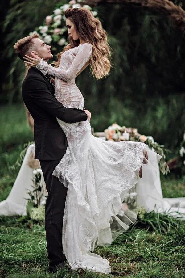 Mermaid Backless Long sleeves Lace Bohemian Wedding Dresses WD733 - Image 2