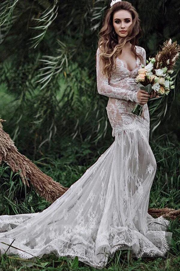 Mermaid Backless Long sleeves Lace Bohemian Wedding Dresses WD733 - Image 3