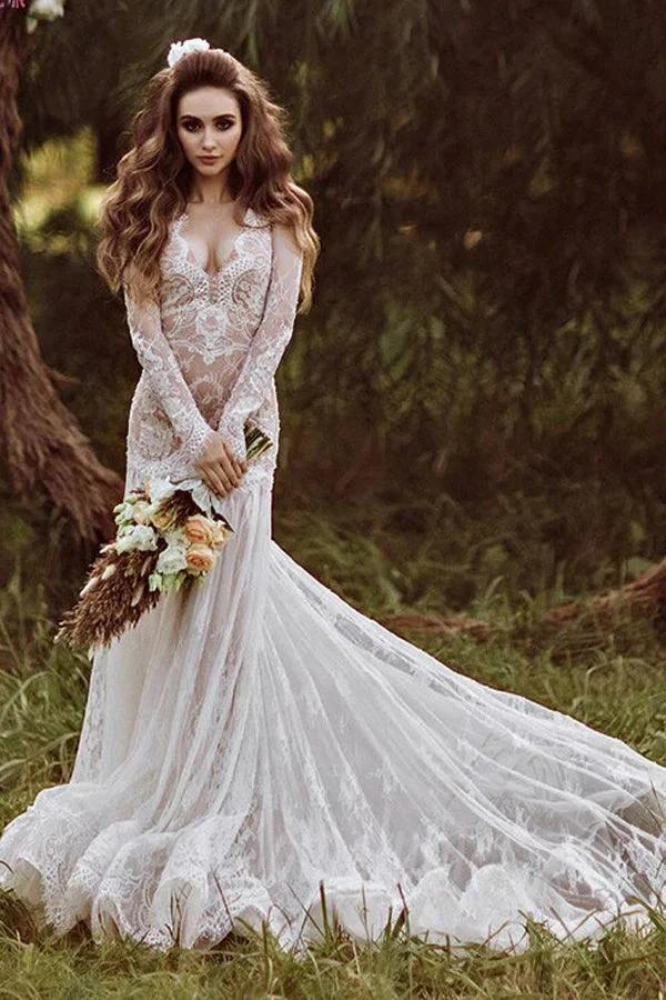 Mermaid Backless Long sleeves Lace Bohemian Wedding Dresses WD733 - Image 4