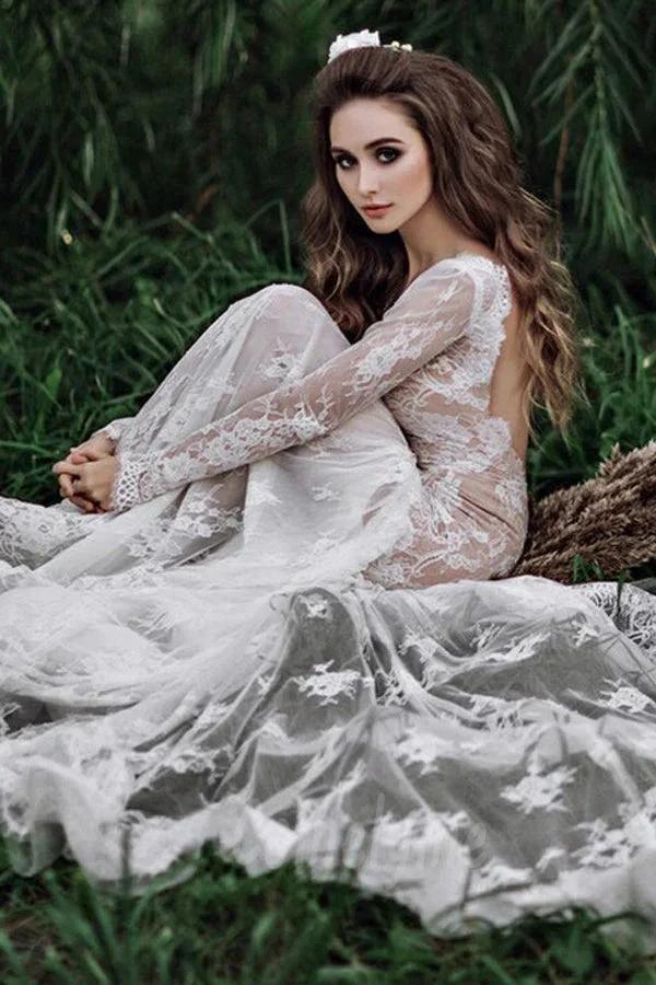 Mermaid Backless Long sleeves Lace Bohemian Wedding Dresses WD733 - Image 6