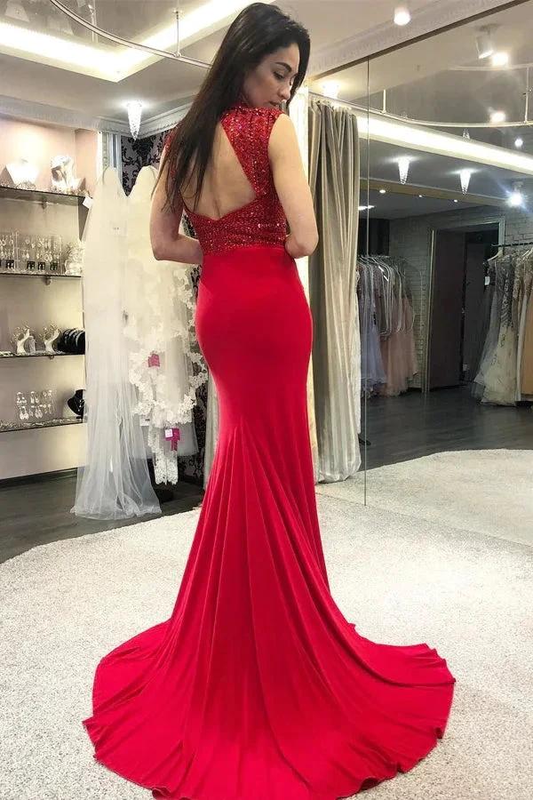 Mermaid Bateau Open Back Beading Satin Long Prom Dress - Image 2