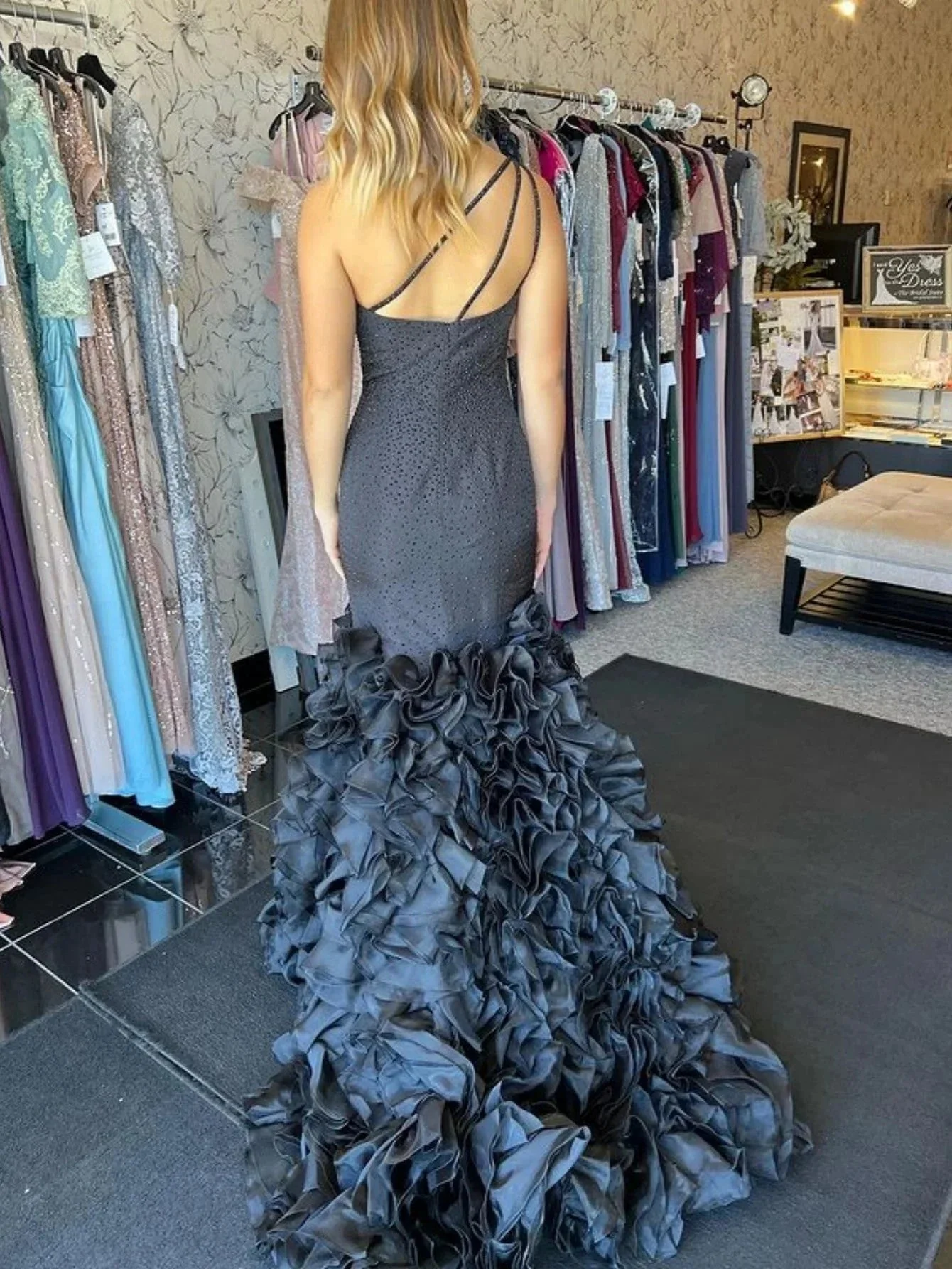 Mermaid Black One Shoulder Tiered Seqins Long Prom Dress - Image 2