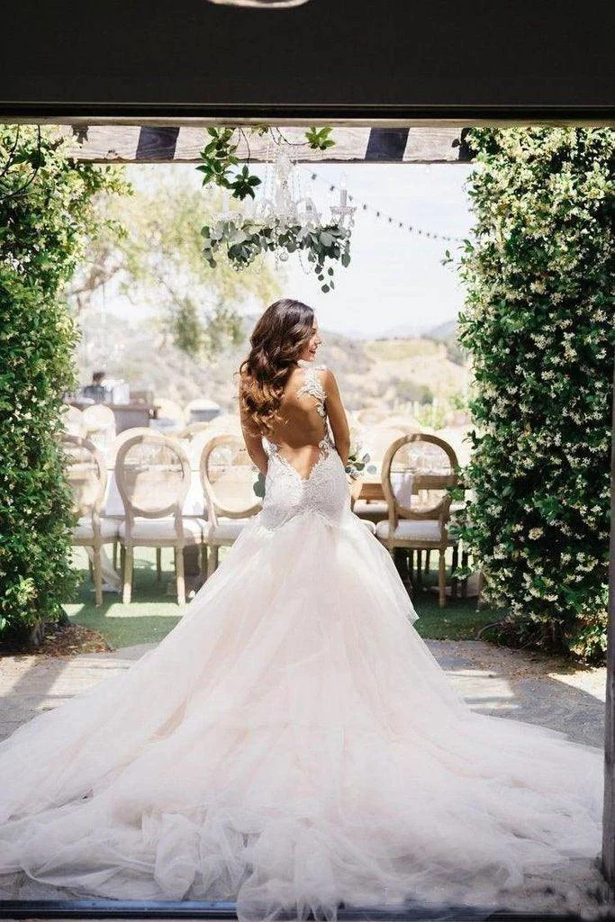 Mermaid Boat Neck Court Train Ivory Tulle Wedding Dress WD156 - Image 3