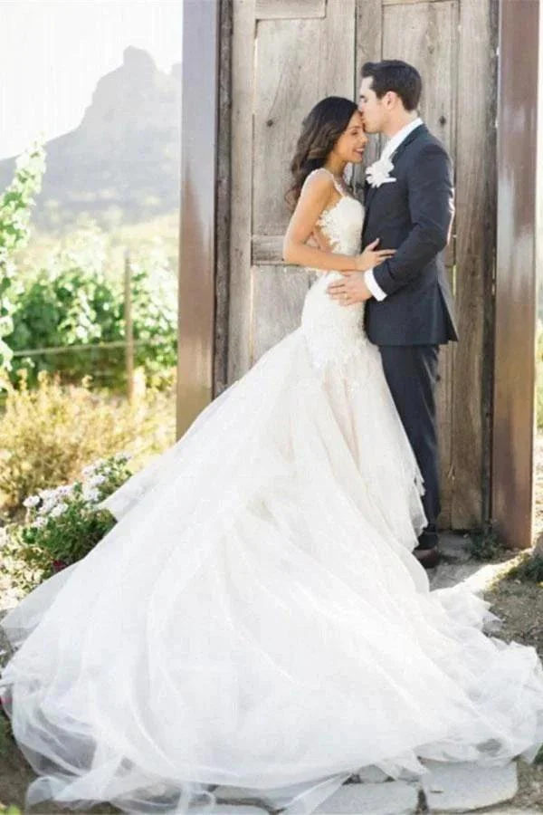 Mermaid Boat Neck Court Train Ivory Tulle Wedding Dress WD156 - Image 4