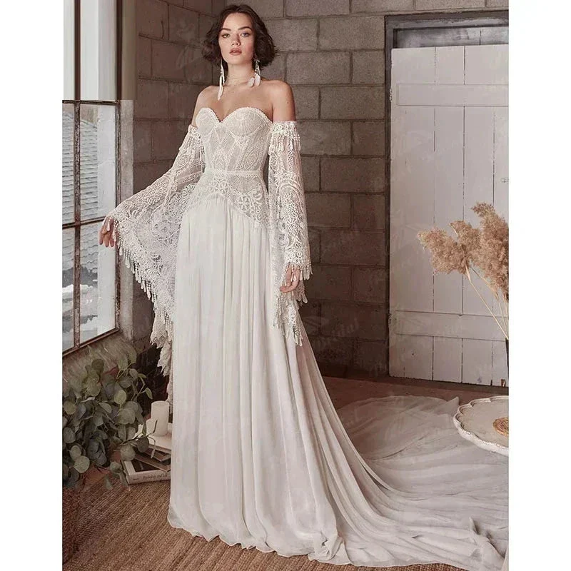 Mermaid Bohemian Wedding Dresses Women's Lace Flare Sleeve Elegant Sweetheart Strapless Chiffon Bridal Gowns A-Line Robe Vestido - Image 2