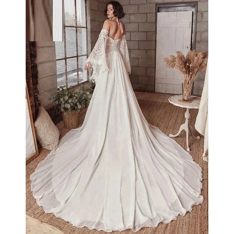 Mermaid Bohemian Wedding Dresses Women's Lace Flare Sleeve Elegant Sweetheart Strapless Chiffon Bridal Gowns A-Line Robe Vestido - Image 3
