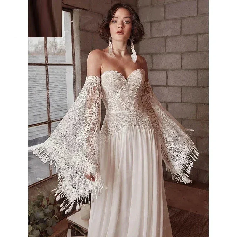 Mermaid Bohemian Wedding Dresses Women's Lace Flare Sleeve Elegant Sweetheart Strapless Chiffon Bridal Gowns A-Line Robe Vestido - Image 4