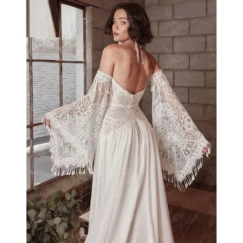Mermaid Bohemian Wedding Dresses Women's Lace Flare Sleeve Elegant Sweetheart Strapless Chiffon Bridal Gowns A-Line Robe Vestido - Image 5