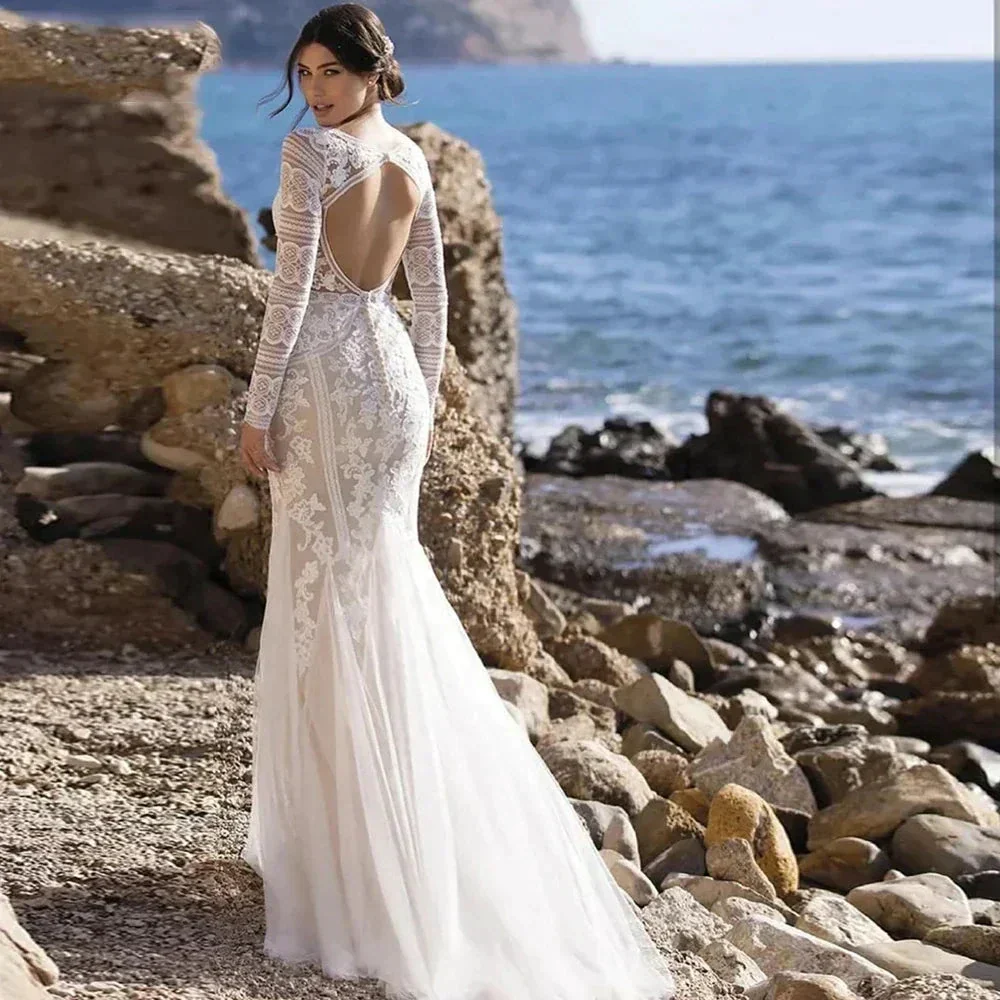 Mermaid Bride Gowns Long Sleeve V-Neck Lace Appliques Sexy Open Back Tulle Wedding Dresses Sweep Train Vestidos De Noive - Image 2